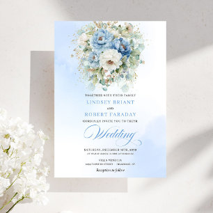 Garden Dusty Blue White Flowers Gold Wedding Invitation