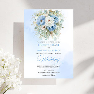 Garden Dusty Blue White Peony Gold Wedding Invitation