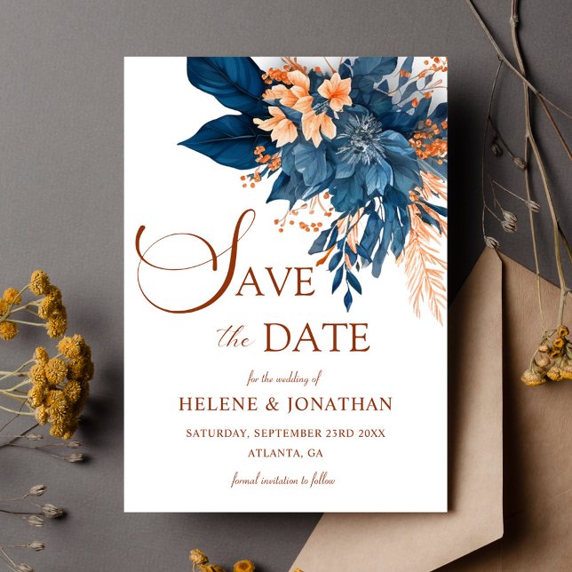 Garden Elegant Navy Blue Orange Floral Wedding Save The Date (Garden Elegant Navy Blue Orange Floral Wedding Save The Date)