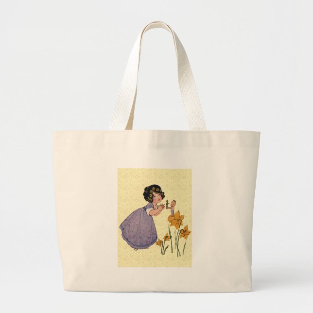 Garden Elf Daffodil Fairyland Spring Easter Large Tote Bag (Front)