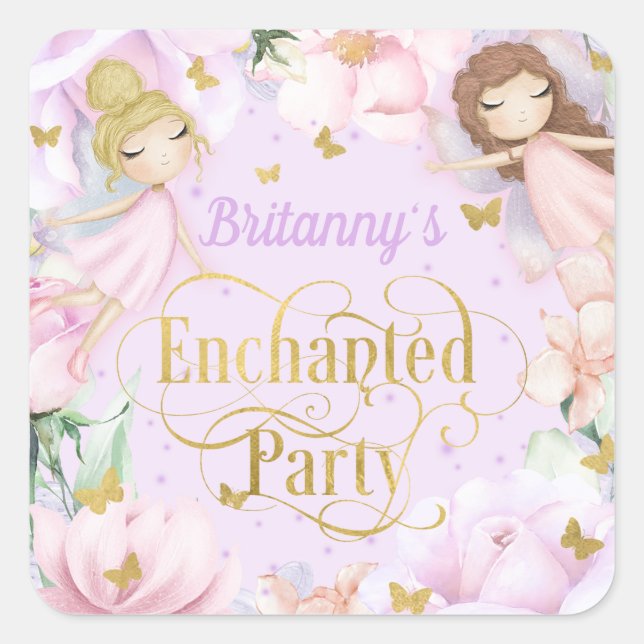 Garden fairy, enchanted party birthday square stic square sticker (Front)