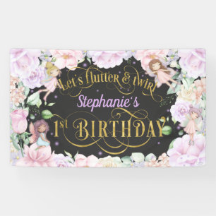 Garden fairy, pink purple flowers, 1st birthday  banner