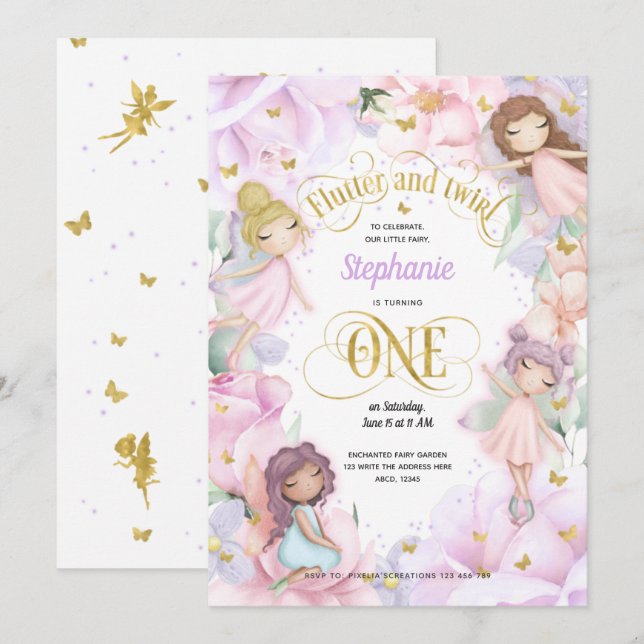 Garden Fairy themed, Girl 1st birthday Invitation (Front/Back)