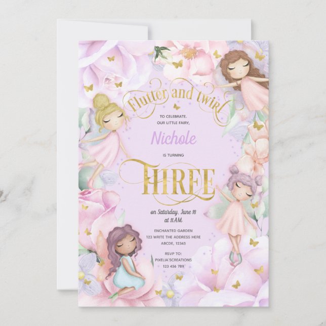 Garden fairy with pink purple flower, 3rd birthday invitation (Front)