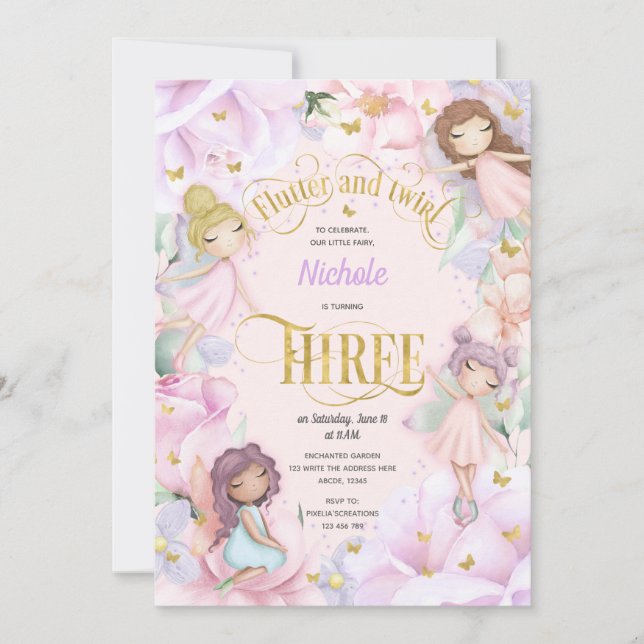 Garden fairy with pink purple flower, 3rd birthday invitation (Front)
