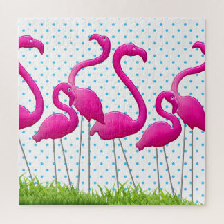 Garden Flamingos on Polka Dots Jigsaw Puzzle