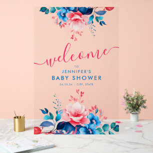 GARDEN FLORAL Blue Pink Baby Shower Welcome  Acrylic Sign