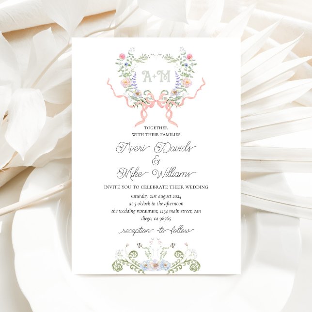 Garden Floral Bow Crest Monogram Modern Wedding Invitation (Creator Uploaded)