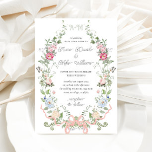 Garden Floral Bow Monogram Wedding Invitation