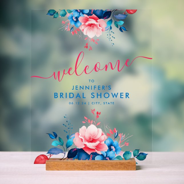 Garden Floral Bridal Shower Welcome Blue Pink Acrylic Sign (Neutral)