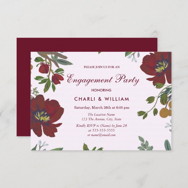 Garden Floral Burgundy Engagement Party Invite (Front/Back)