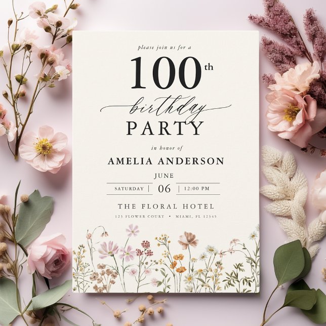 Garden Floral Calligraphy 100th Birthday Invitation (Creator Uploaded)