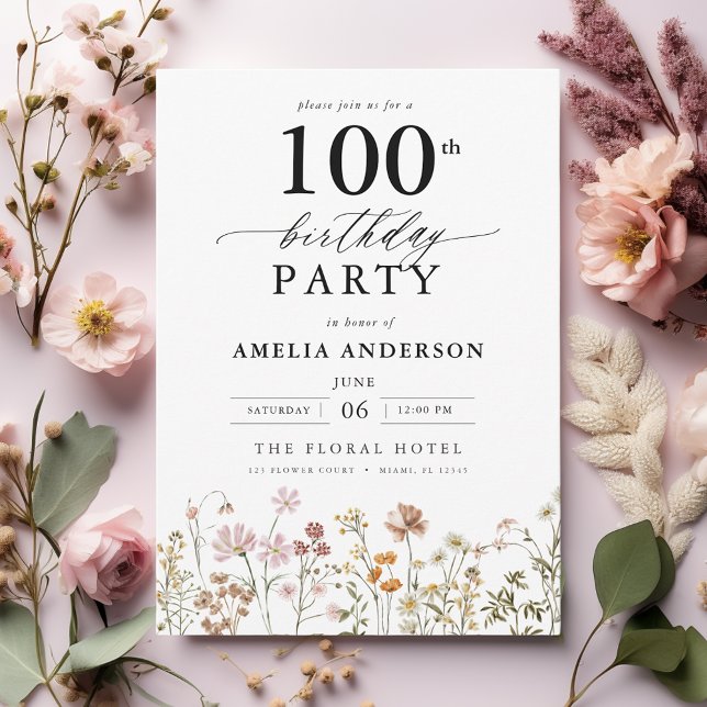 Garden Floral Calligraphy 100th Birthday Invitation (Creator Uploaded)