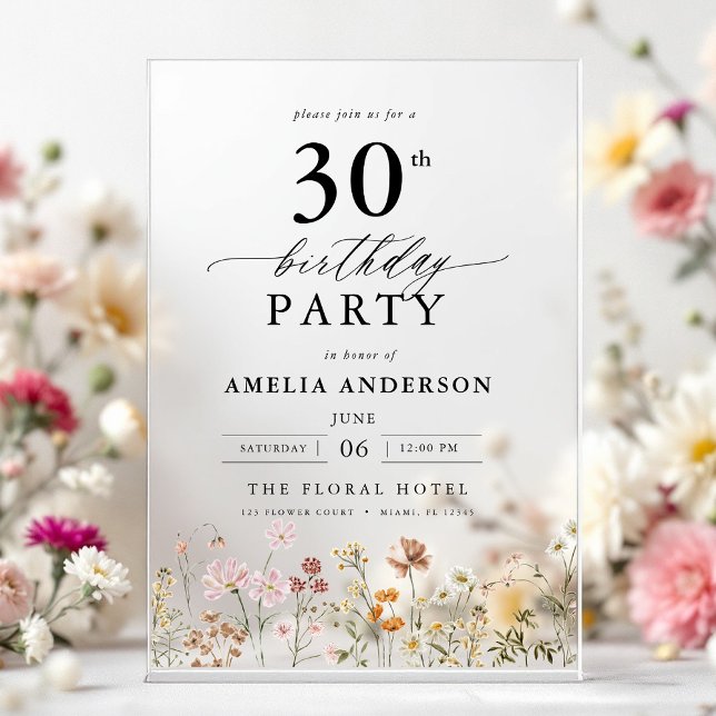 Garden Floral Calligraphy 30th Birthday Acrylic Invitations (Creator Uploaded)