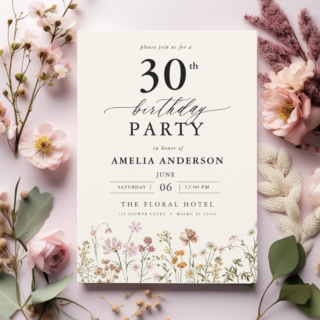Garden Floral Calligraphy 30th Birthday Invitation (Creator Uploaded)