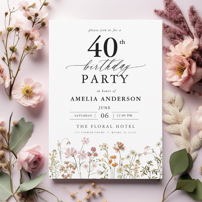 Garden Floral Calligraphy 40th Birthday Invitation (Creator Uploaded)