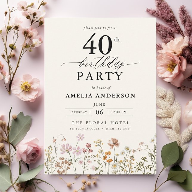 Garden Floral Calligraphy 40th Birthday Invitation (Creator Uploaded)