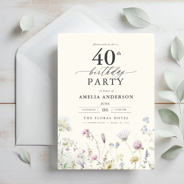 Garden Floral Calligraphy 40th Birthday Invitation (Creator Uploaded)