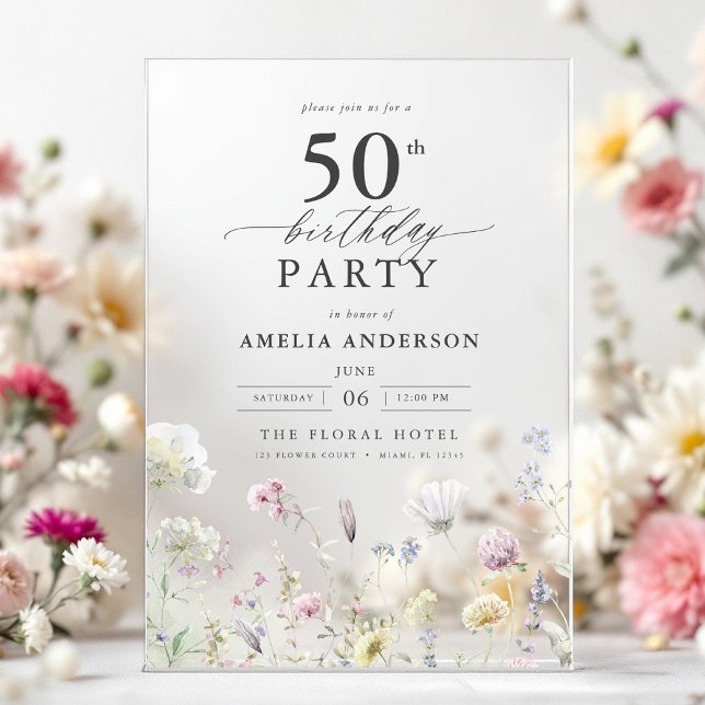Garden Floral Calligraphy 50th Birthday Acrylic Invitations (Creator Uploaded)