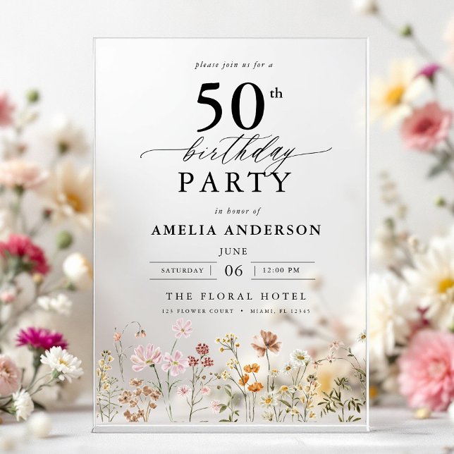Garden Floral Calligraphy 50th Birthday Acrylic Invitations (Creator Uploaded)