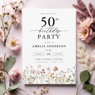 Garden Floral Calligraphy 50th Birthday Invitation