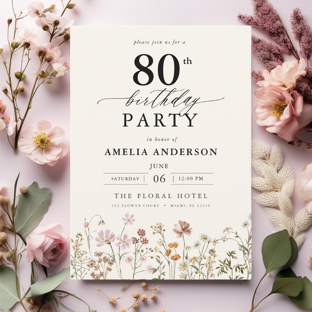 Garden Floral Calligraphy 80th Birthday Invitation (Creator Uploaded)