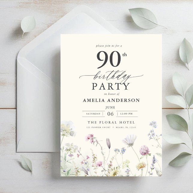 Garden Floral Calligraphy 90th Birthday Invitation (Creator Uploaded)