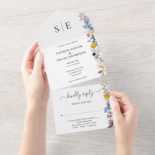 Garden Floral Elegant Monogram Wedding All In One Invitation (Tearaway)