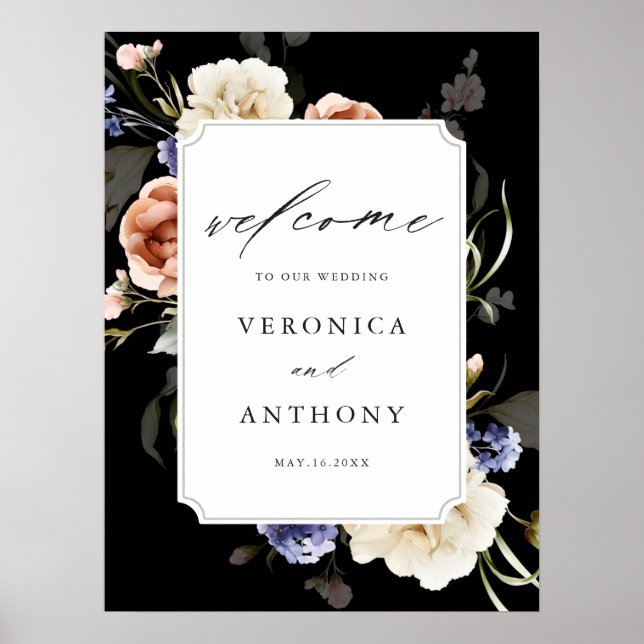 Garden Floral Frame Elegant Wedding Welcome Black Poster (Front)