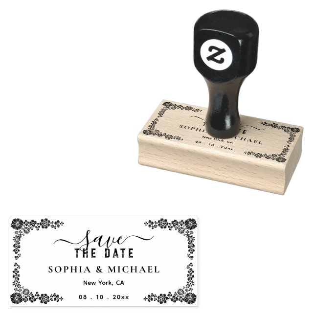 Garden Floral Frame Modern Save The Date Wedding Rubber Stamp (Stamped)