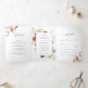 Garden Floral Frame Watercolor Wedding Tri-Fold Invitation