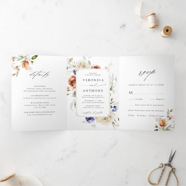 Garden Floral Frame Watercolor Wedding Tri-Fold Invitation (Inside)