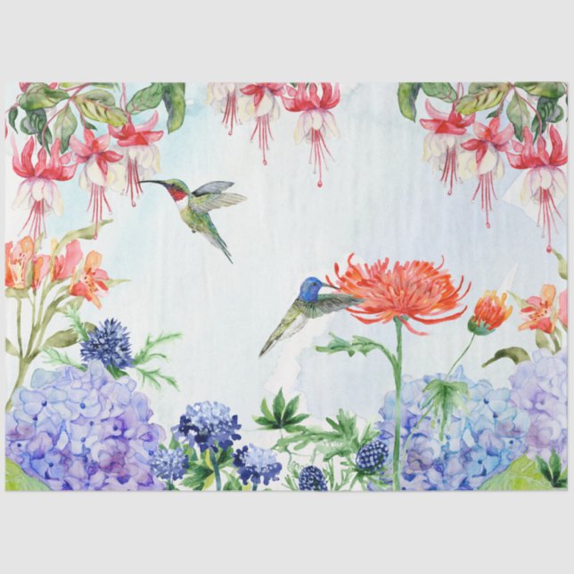 Garden Floral Hummingbird Watercolor Decoupage Tissue Paper (Front)