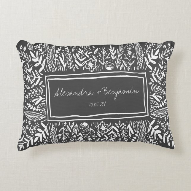 Garden Floral in Black Border Personalised Wedding Decorative Cushion (Front)