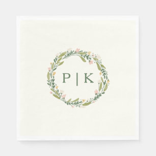 Garden Floral Monogram Wreath Pink Green Wedding Napkin
