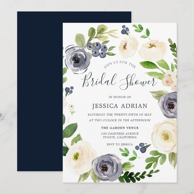Garden Floral Navy & White Wreath Bridal Shower Invitation (Front/Back)
