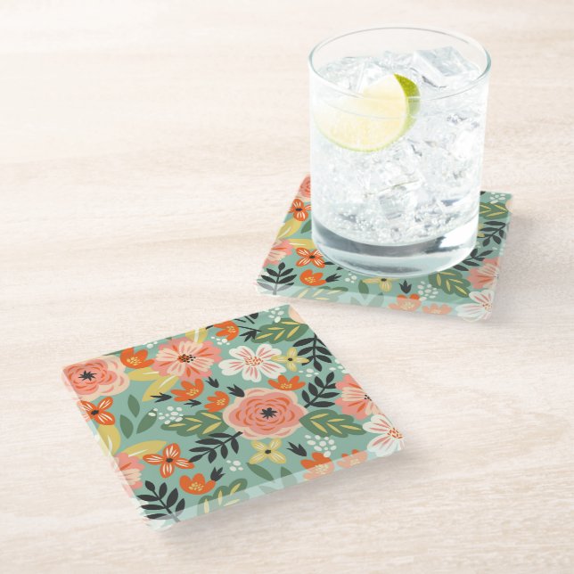 Garden Floral Pattern Glass Coaster (Angled)