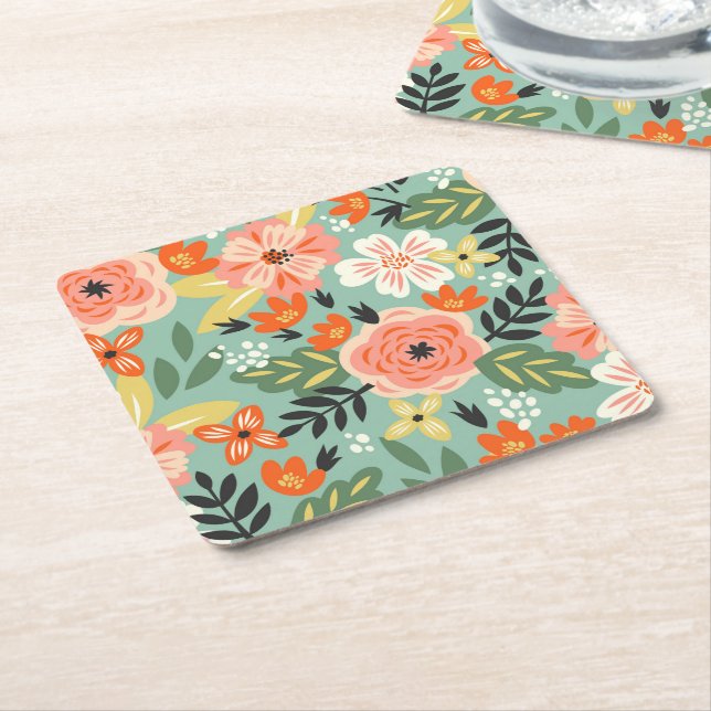 Garden Floral Pattern Square Paper Coaster (Angled)