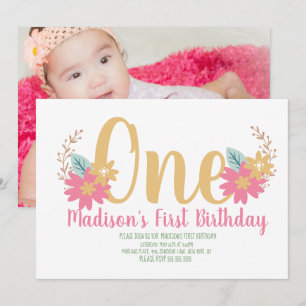 Garden Floral Pink Party First Birthday Invitation