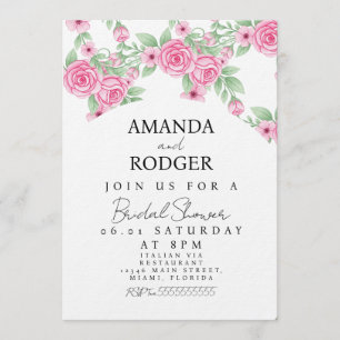 Garden Floral Pink Watercolor Roses Bridal Shower Invitation