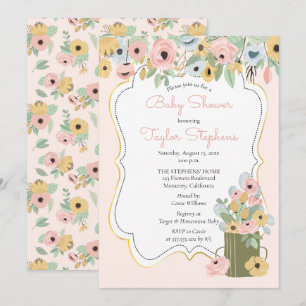 Garden Floral Pink   Yellow Bouquet Baby Shower Invitation