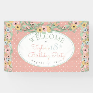 Garden Floral Pink   Yellow Bouquet Birthday Party Banner