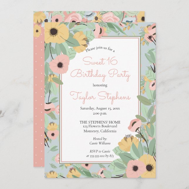 Garden Floral Pink | Yellow Bouquet Sweet 16 Party Invitation (Front/Back)