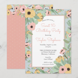 Garden Floral Pink | Yellow Bouquet Sweet 16 Party Invitation