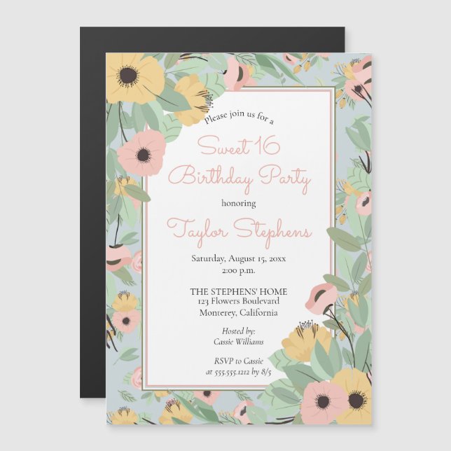 Garden Floral Pink | Yellow Bouquet Sweet 16 Party Magnetic Invitation (Front/Back)