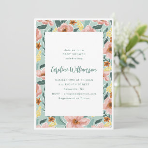 Garden Floral Sage Peach Modern Baby Shower Party Invitation