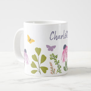 Garden Flowers and Butterflies Custom Name Large Coffee Mug