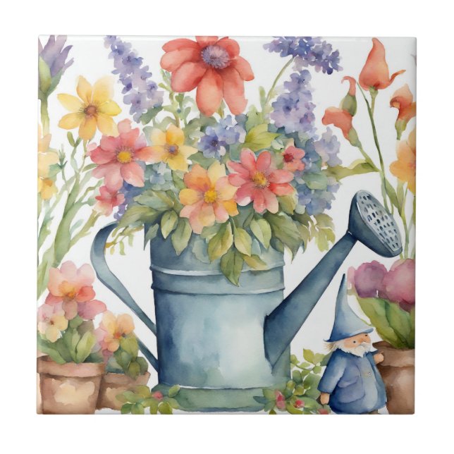 Garden Flowers and Watering Can Watercolor  Tile (Front)