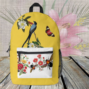 Garden Flowers Backpack, Yellow, Bee, Birds Printed Backpack