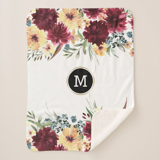 Garden flowers border Deep-red & yellow Sherpa Blanket (Front)